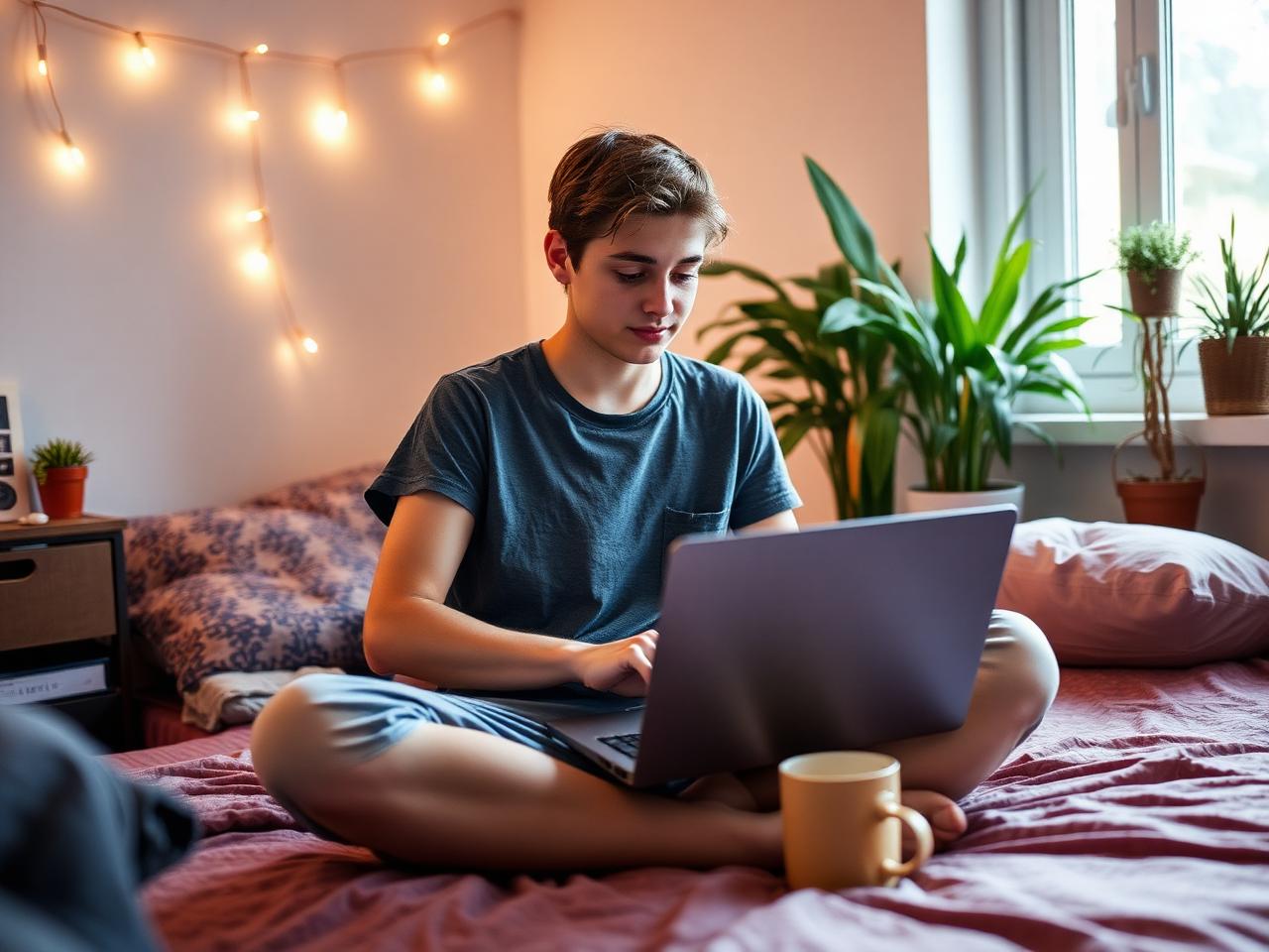 Young adult researching health insurance from their dorm